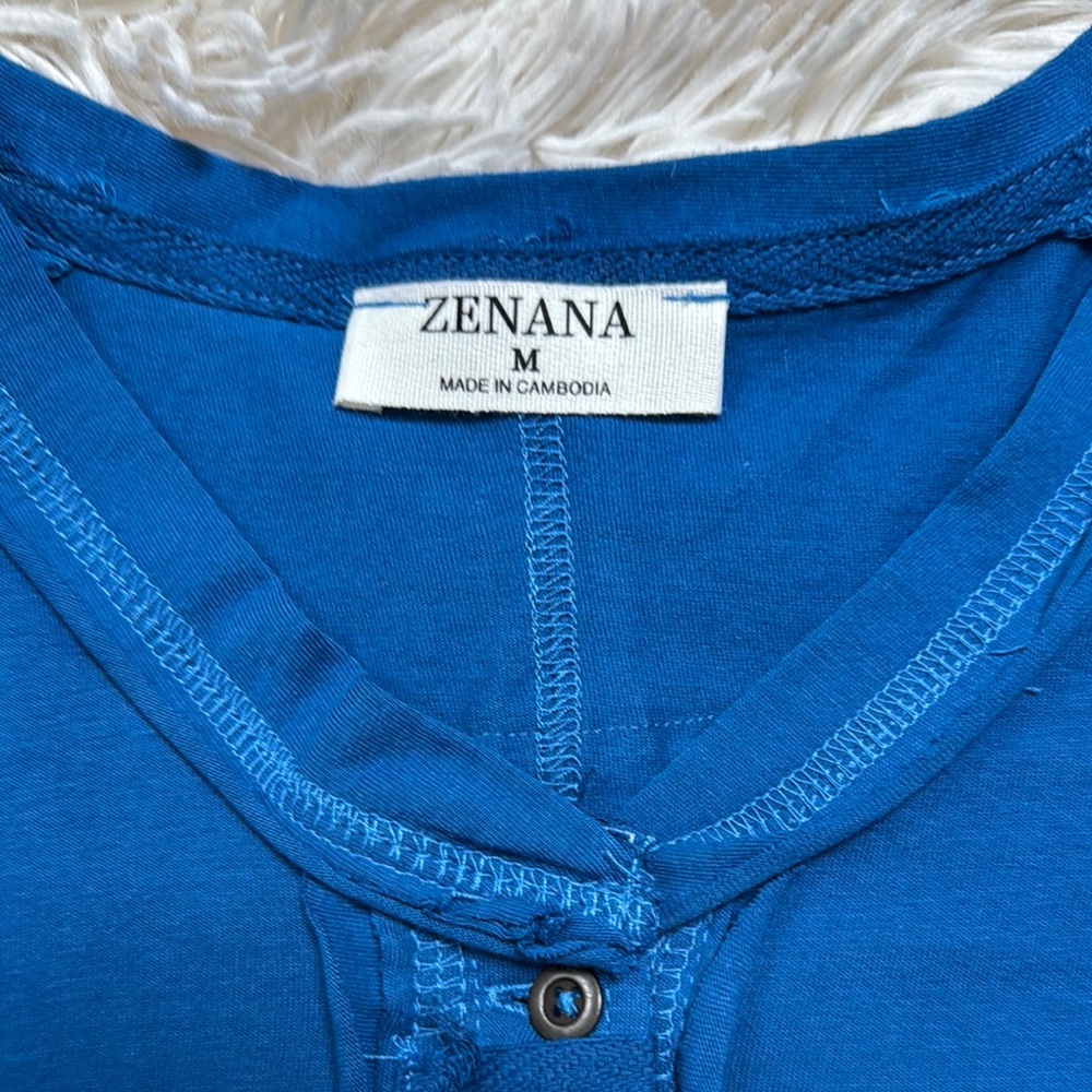 Zenana Henley Raw Seam Top 💗 Blue - Picture 15 of 16